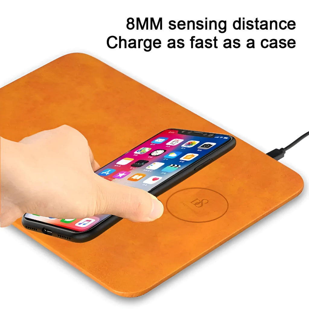 Brown leather wireless charging mouse pad with Micro USB port for Qi-compatible device charging
