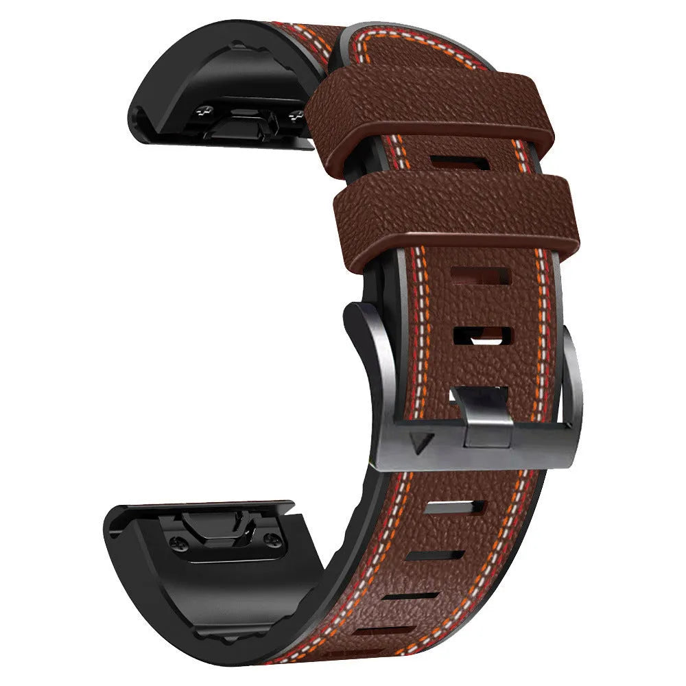 Quick release silicone leather watchband for Garmin Fenix smartwatch in black.