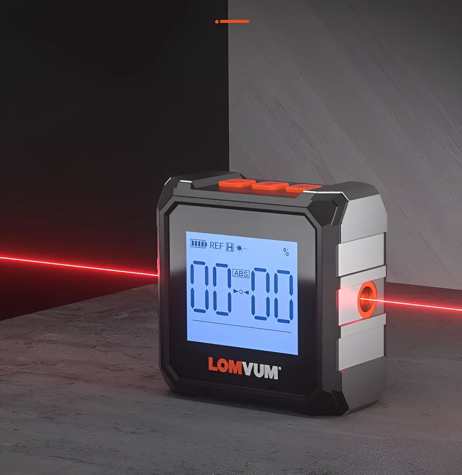 Laser infrared digital inclinometer with extended steel tape measure, showing alloy casing and display.
