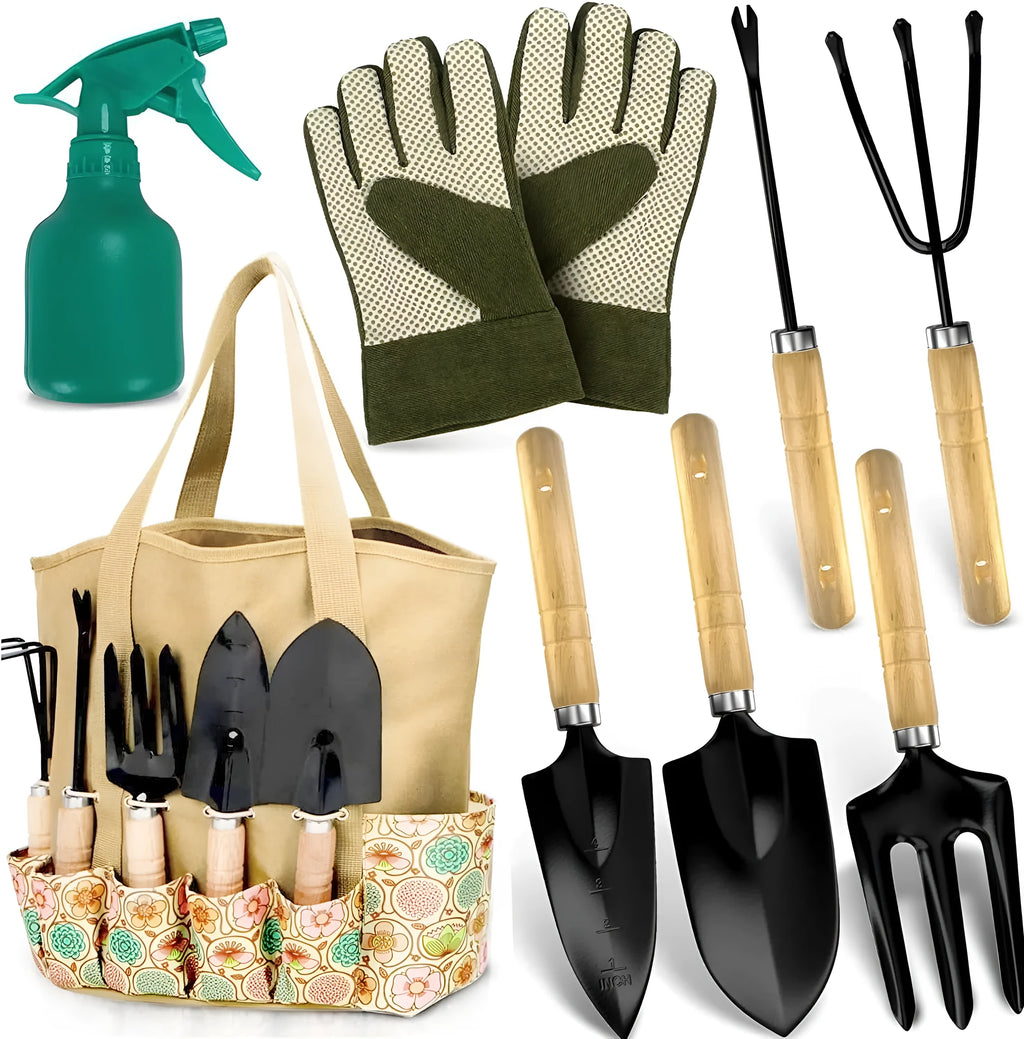 Eight-piece stainless steel gardening hand tool set CG2001 on a garden background.