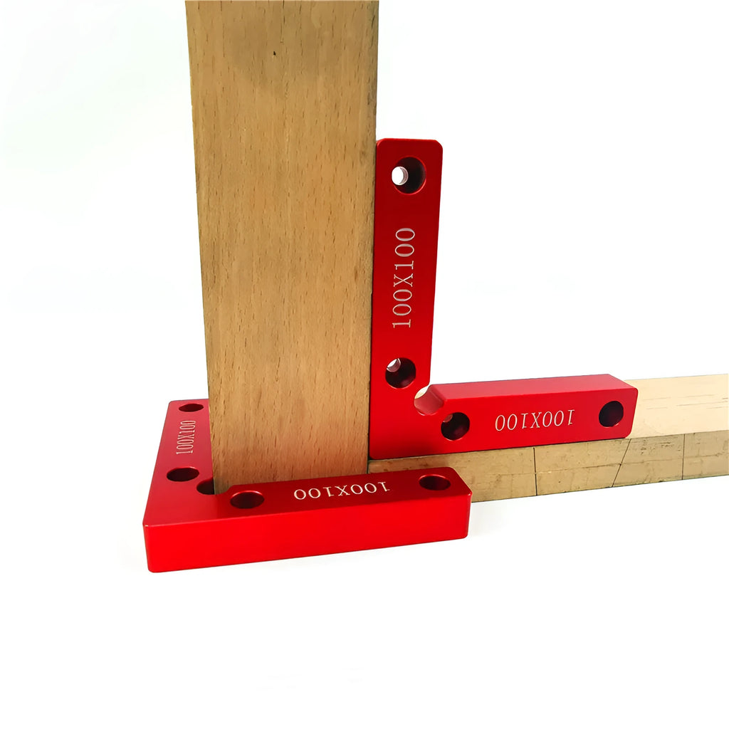 Aluminium right angle positioning block for woodworking jigsaw with scale markings