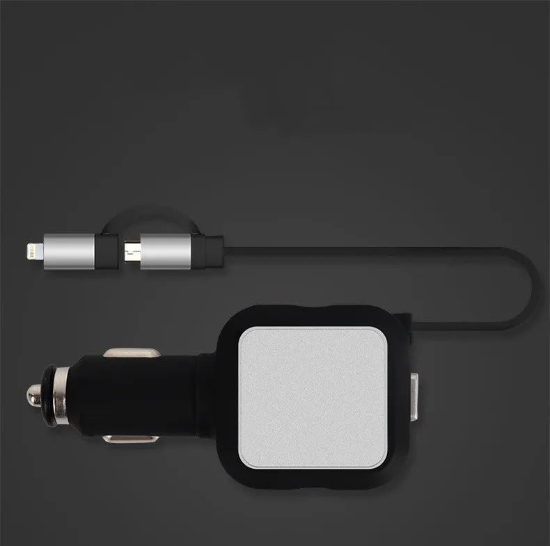2 in 1 dual USB retractable car charger in black and gold colour showing USB ports and retractable cable