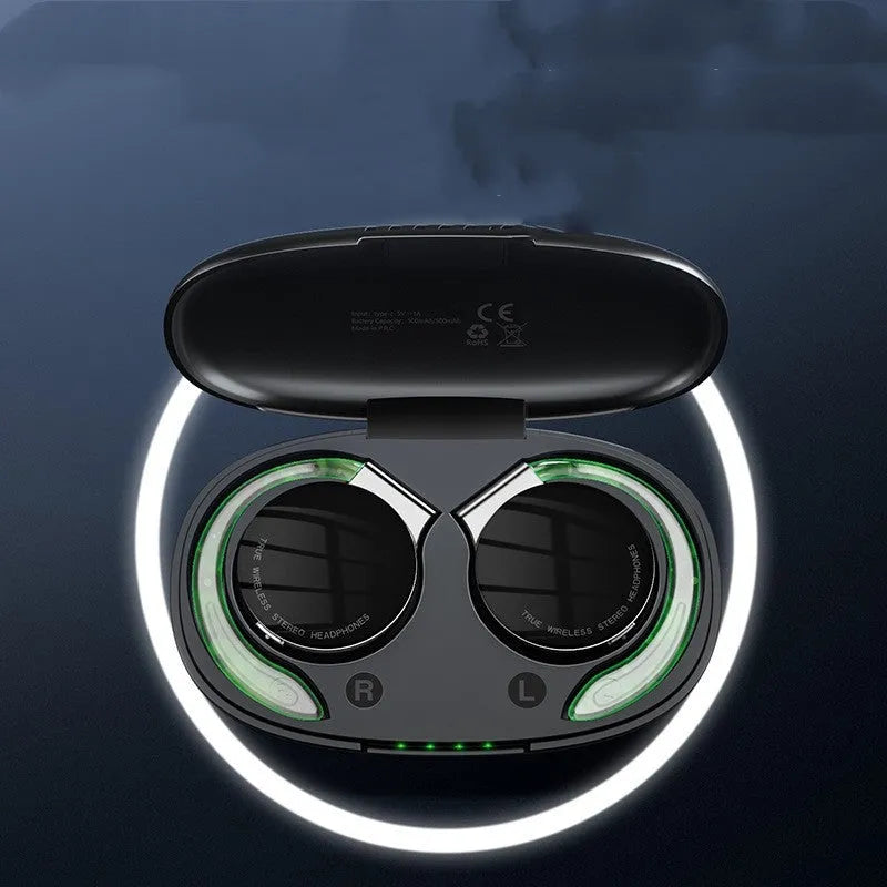 Black and white sports wireless Bluetooth earphones with ear plug design showing 15m range and Bluetooth 5.2 features