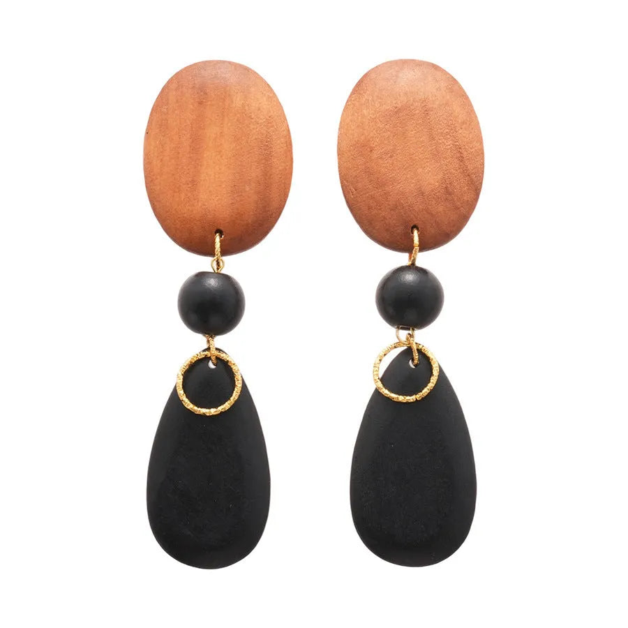 Wooden retro elliptical earrings with silver needle-brown-black colour manual processing