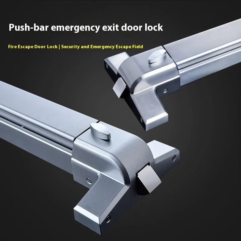 Stainless steel fireproof door push lock with external handle on a baked paint door.