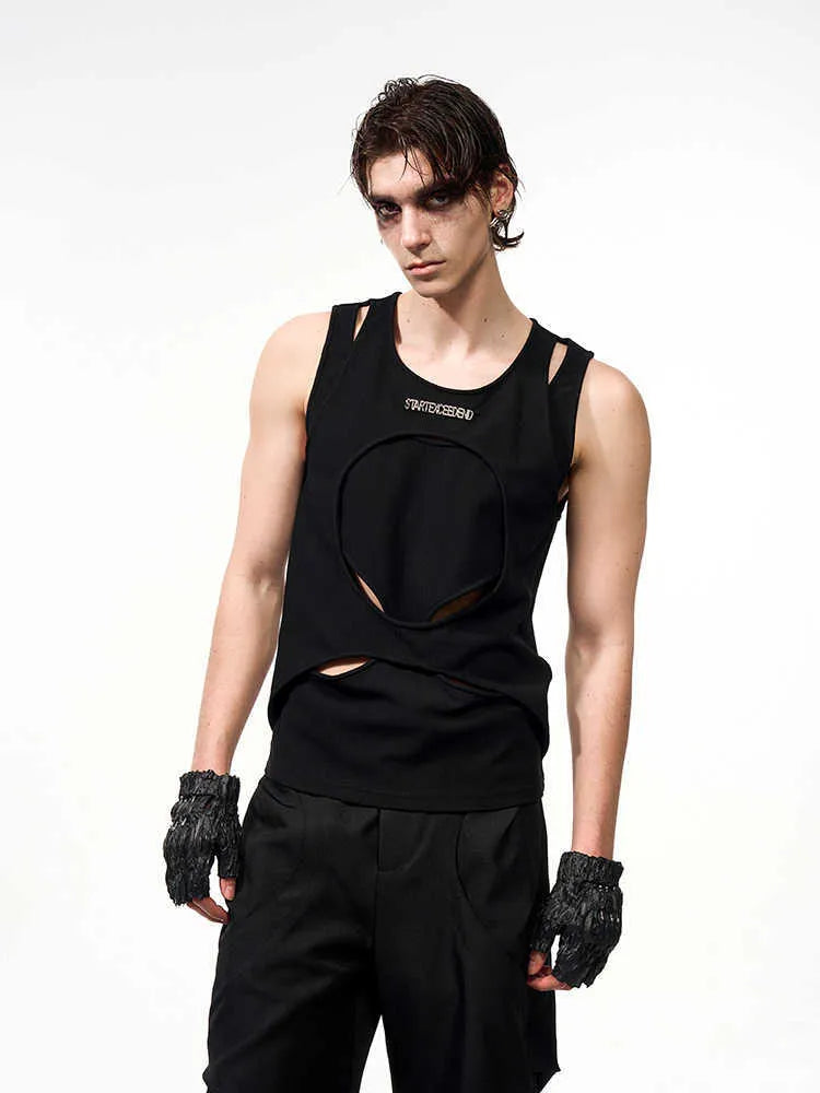 Men's black sleeveless waistcoat vest with hollow knit summer cooling design