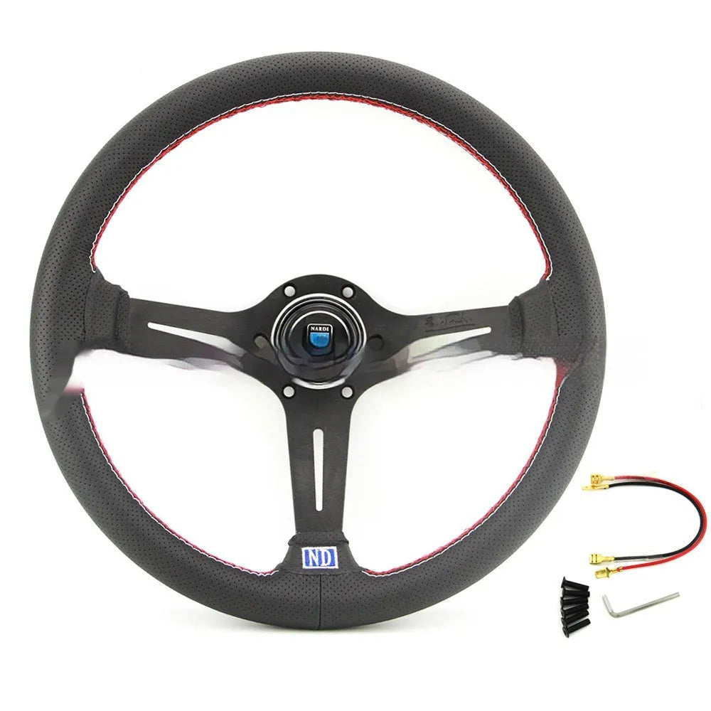 14-inch leather automotive steering wheel with concave centre design showing black skeleton construction