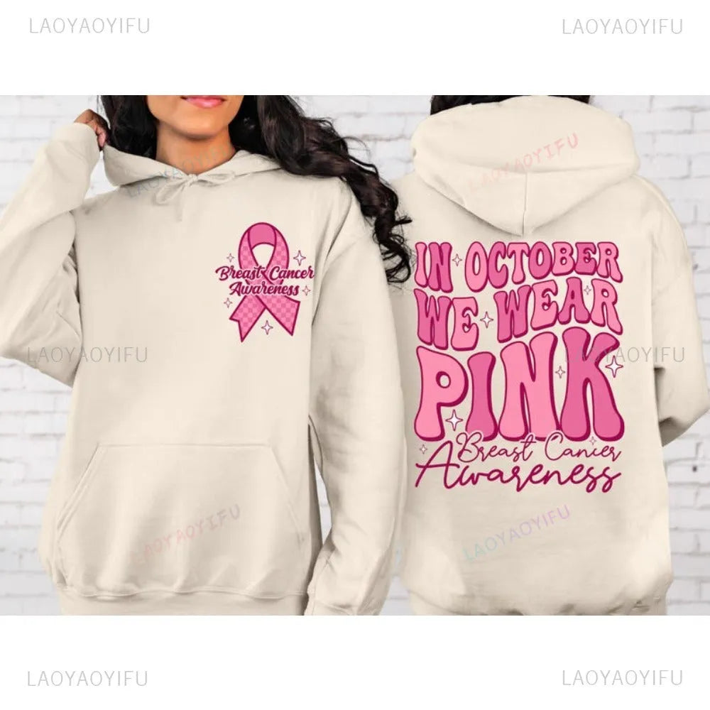 Breast Cancer Awareness pink ribbon retro print hoodie with side pocket