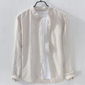 Men's loose fit long sleeve linen cotton shirt in solid colours on a hanger