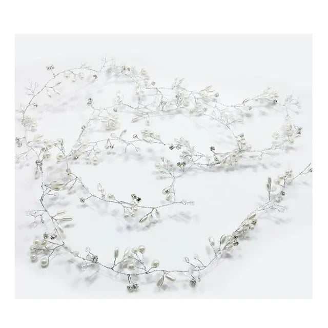 Silver wedding hair band with crystal and pearl details on metallic wire in 100cm length