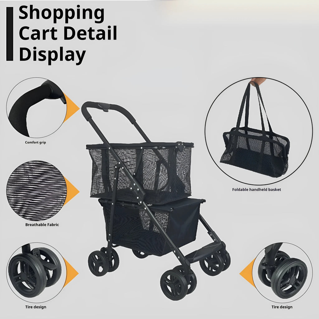 Black foldable shopping cart with carbon steel frame and 20kg capacity for outdoor and household use