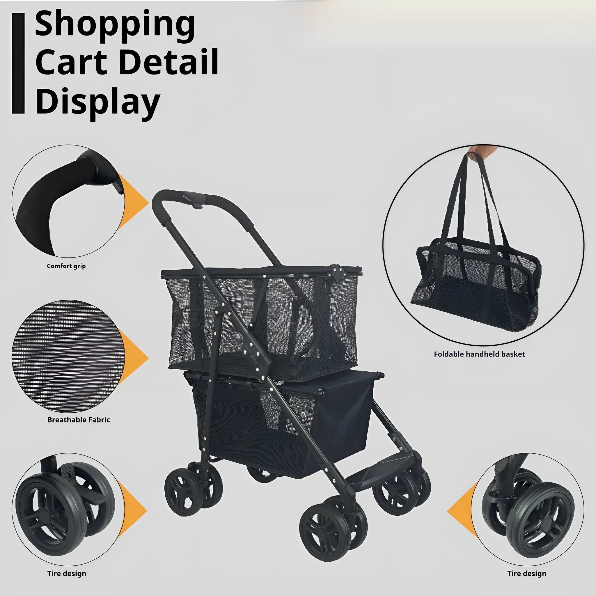 Black foldable shopping cart with carbon steel frame and 20kg capacity for outdoor and household use