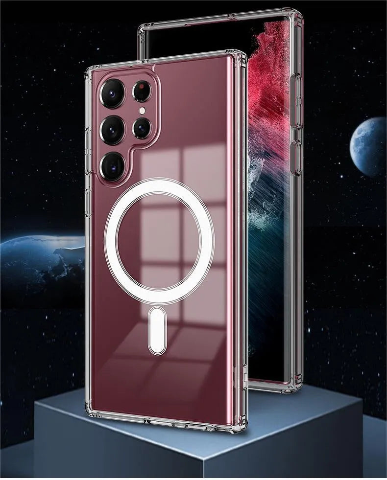 Transparent MagSafe magnetic TPU phone case for Samsung Galaxy S21, S22, S23 models on a table.