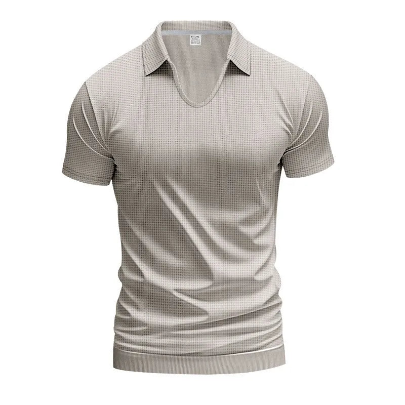 Men's loose fit V-neck short sleeve T-shirt in a light blue solid colour.
