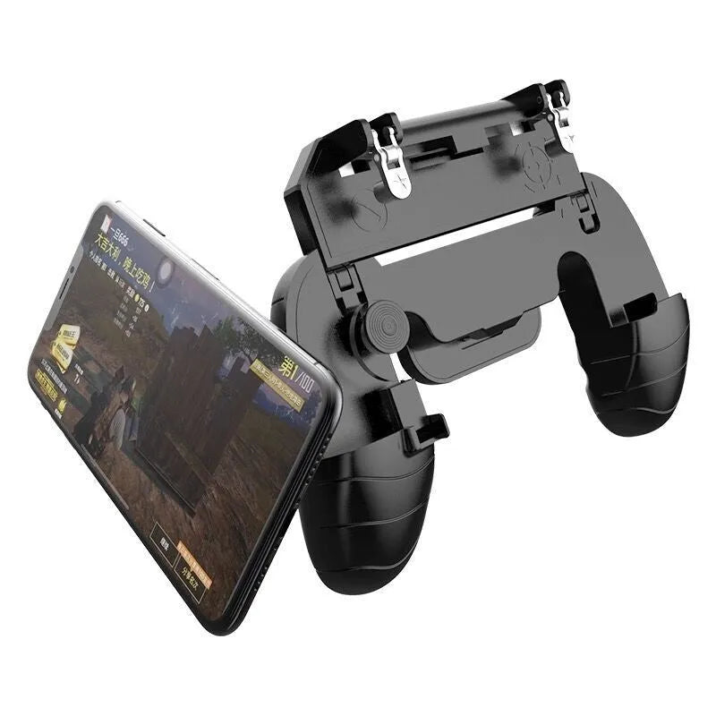Multifunctional mobile game handle controller in black blue and white colours attached to a smartphone