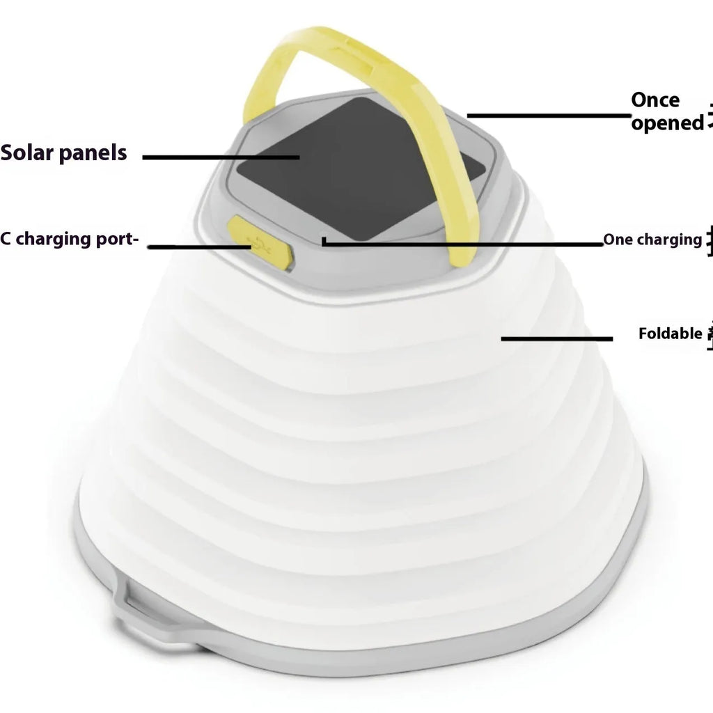 White rechargeable camping lamp with large battery capacity and one control button.