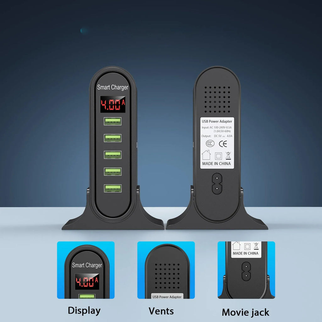 Black and white smart LED digital display USB charger with EU, UK, and US plug options