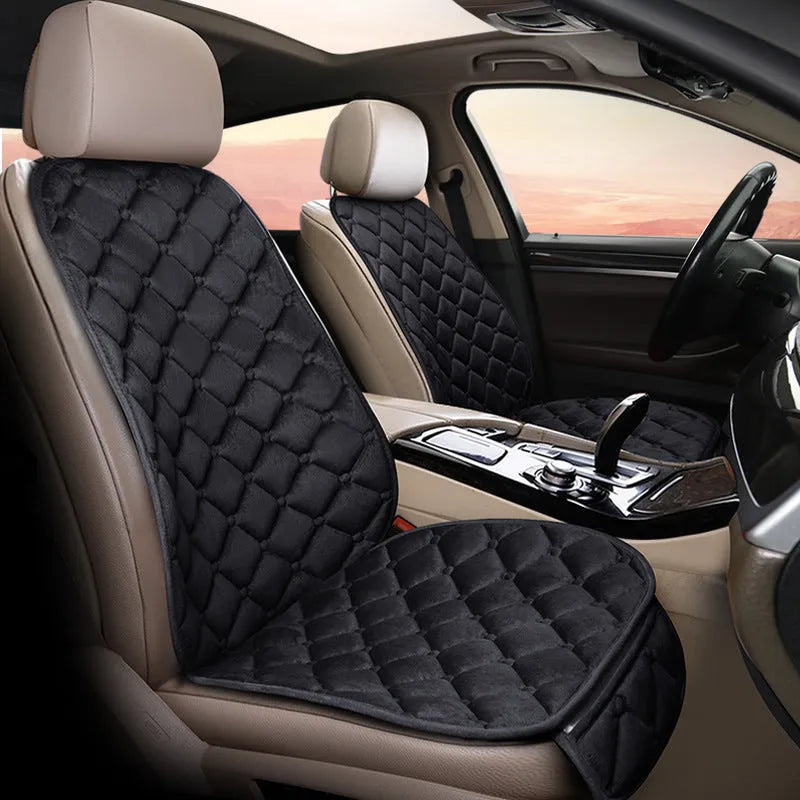 Cotton ringer plush winter car seat cushion shown in burgundy colour on a car seat