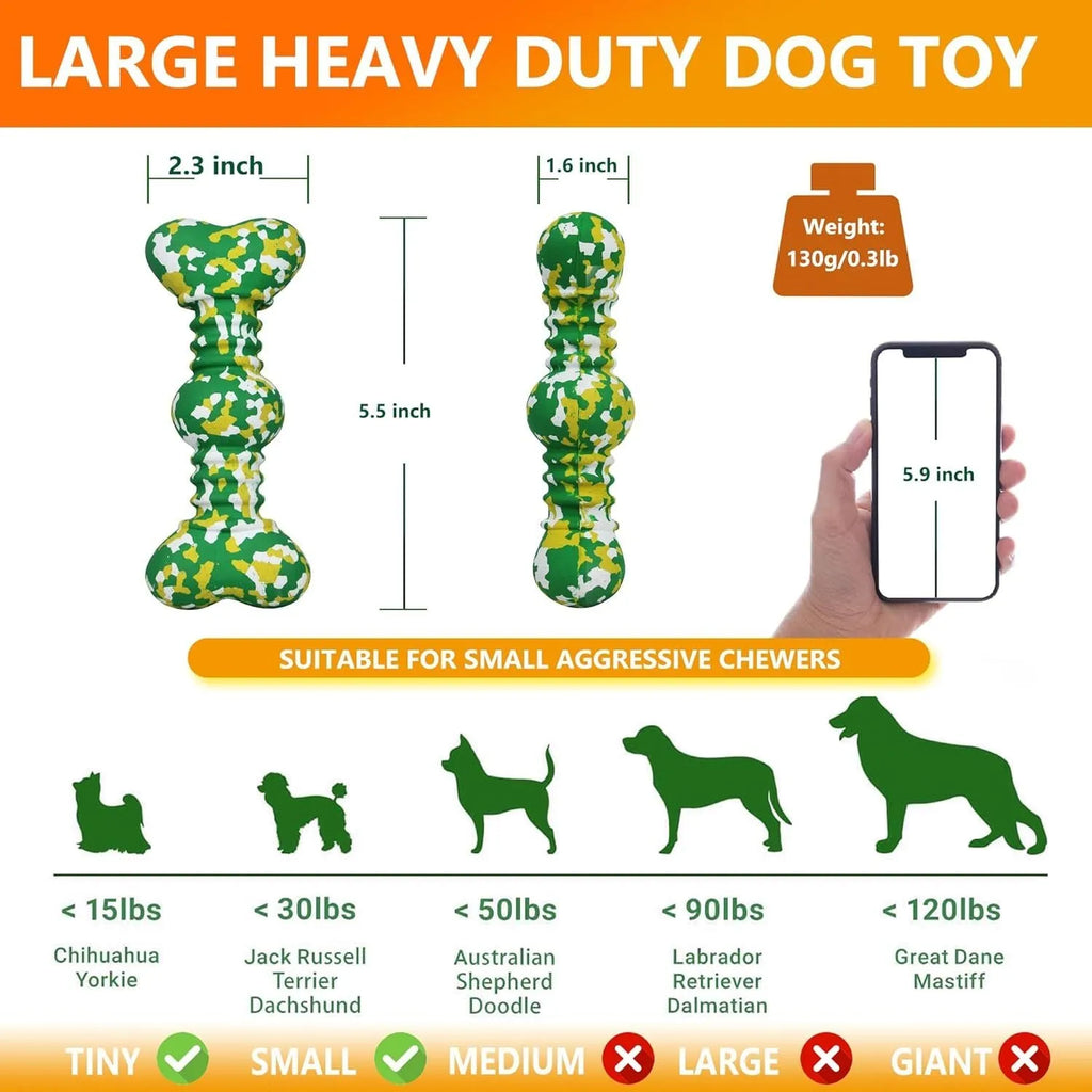 Natural rubber dog chew toy with camouflage pattern, shown in green, white, and yellow, bone-shaped for medium and large breed dogs.
