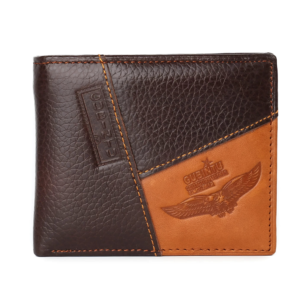 Men's horizontal square leather wallet with car stitching, shown open to reveal card slots, bill holder, and zipper compartment.