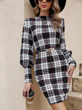 Black lantern sleeve tight dress with leather stitching detail on polyester fabric