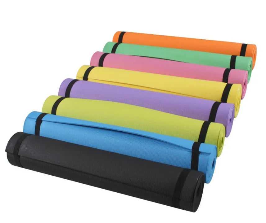 EVA fitness yoga mat in choice of 4mm or 6mm thickness, shown in blue colour with anti-skid texture.