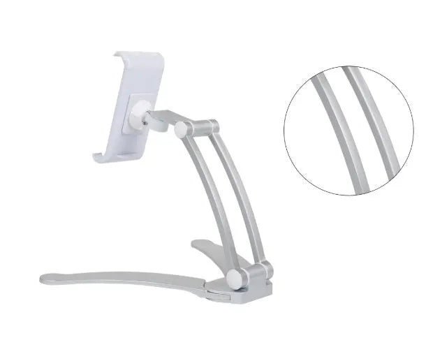Silver aluminium alloy tablet stand holding a tablet, showing its 360-degree adjustable hinge and chuck system.