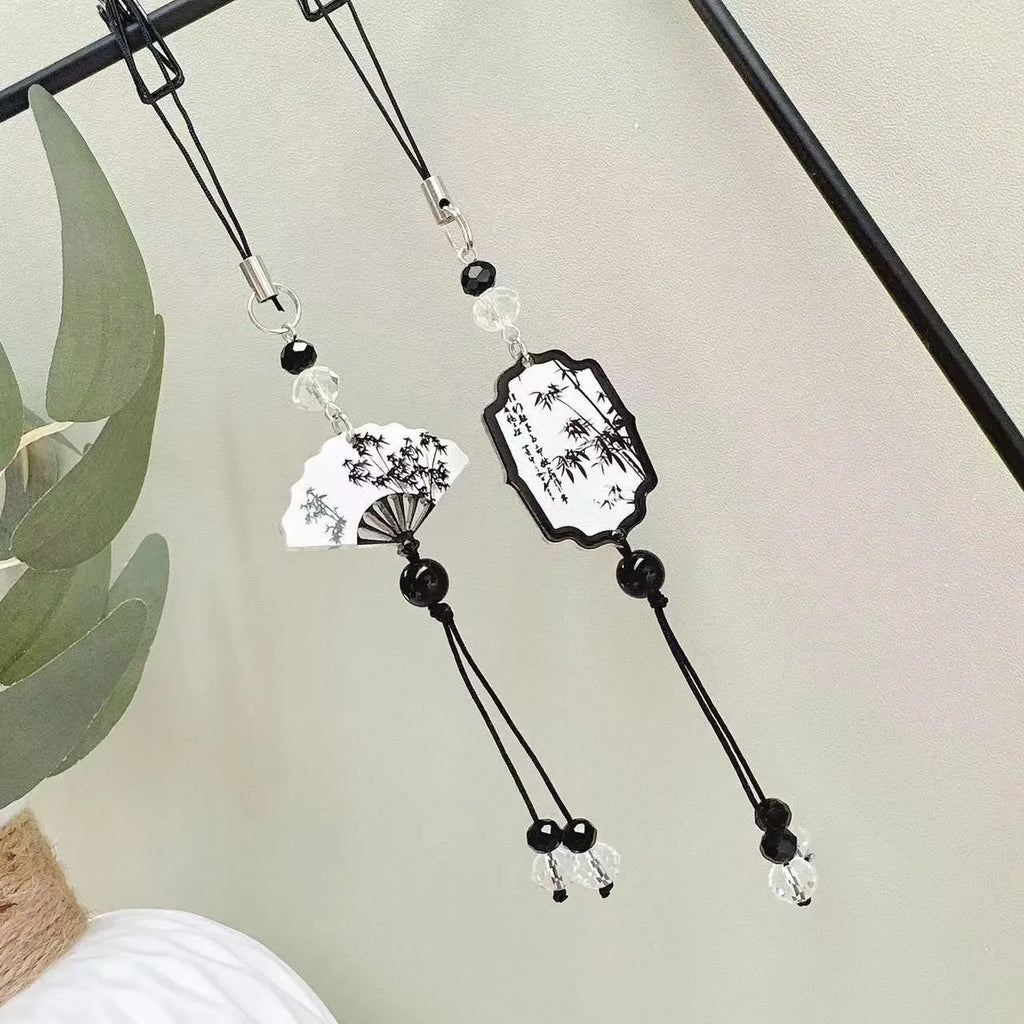 Guofeng Chinese style bead pendant keychain with plants and flowers pattern.