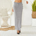 Slim-fit acrylic woolen mid-length skirt with side split and straps in black colour