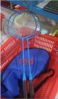 Pair of blue and red alloy split badminton rackets with pre-strung frames