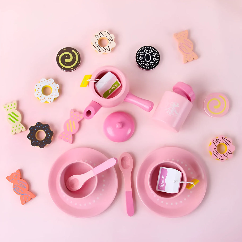 Wooden children's simulation afternoon teapot cup set with pink cookies and teapot for pretend play