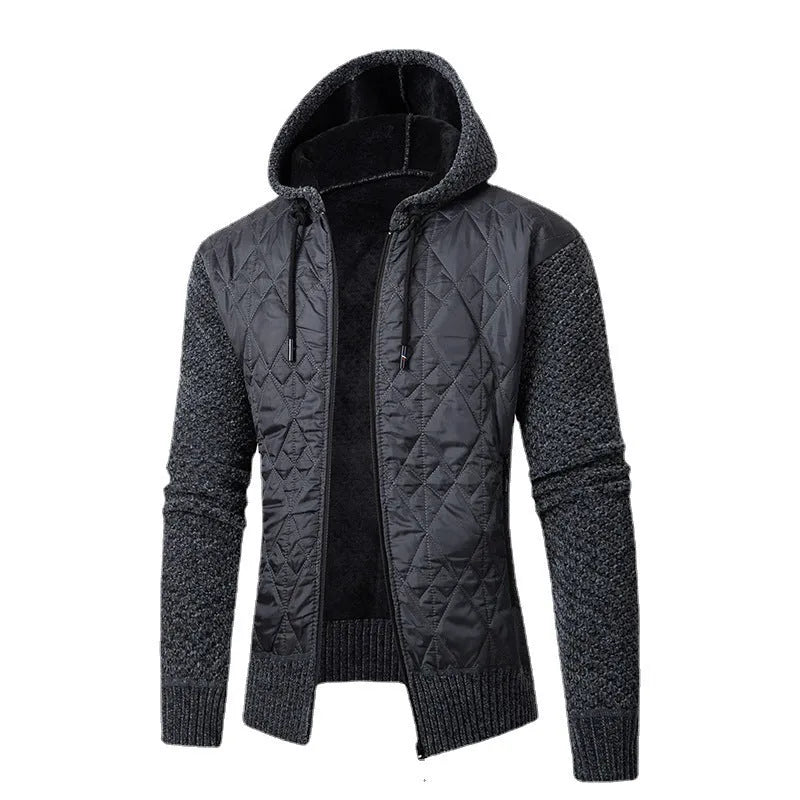 Men's grey hooded corduroy sweater coat with a cinched front, shown on a model.