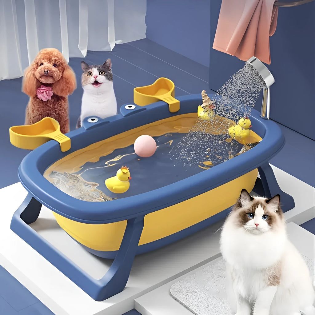 Foldable portable pet tub in blue or orange for cats and small dogs under 20 pounds