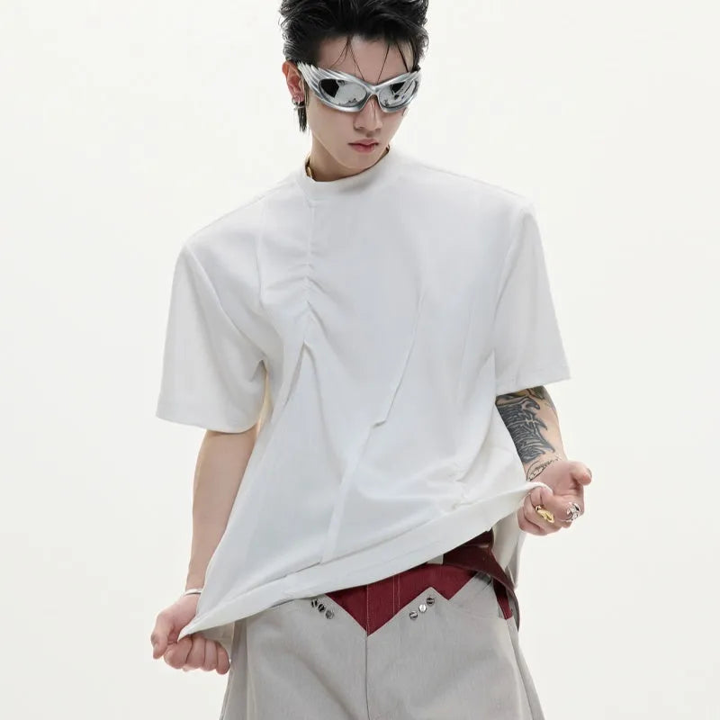 Men's black cotton T-shirt with three-dimensional pleated stitching and asymmetrical design details on round neck