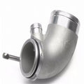 Black aluminium alloy 90 degree turbocharger elbow tube for lateral engine mounting.