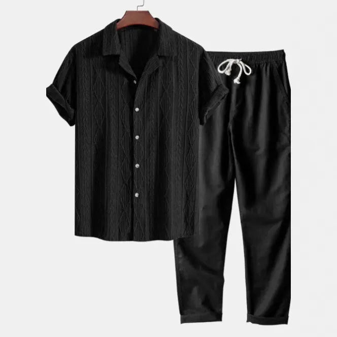 Linen polyester camouflage print shirt and trousers set in slim fit cardigan style