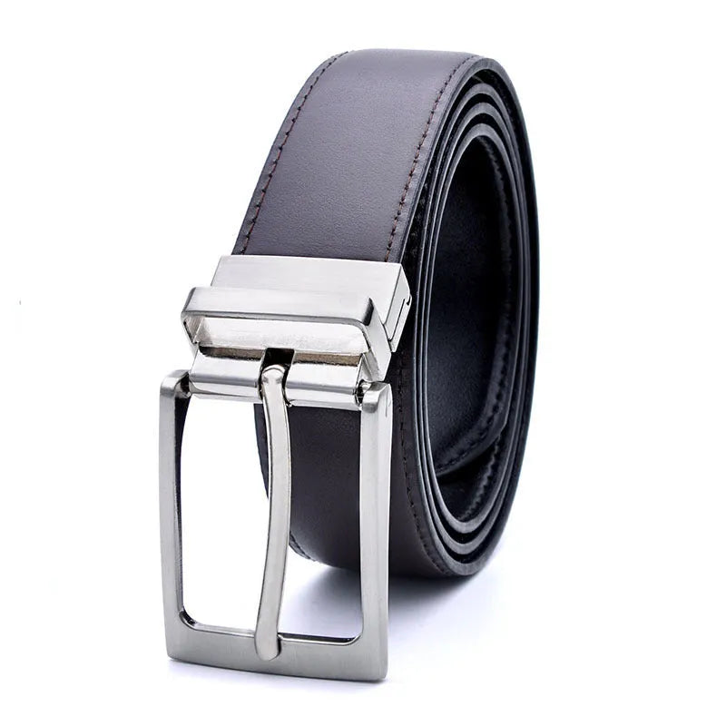 Men's dark brown and black genuine leather belt with a silver rotating pin buckle.