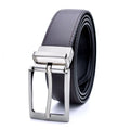 Men's dark brown and black genuine leather belt with a silver rotating pin buckle.