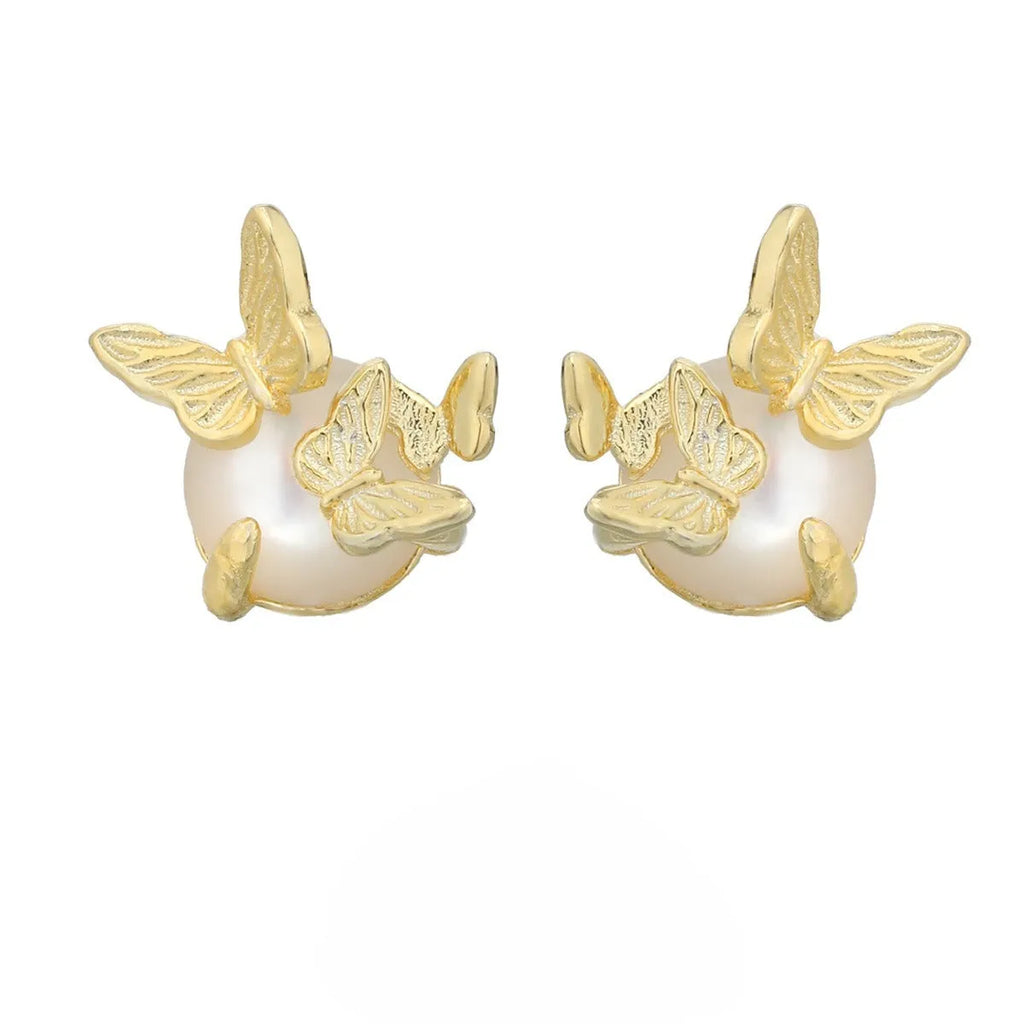 Butterfly-themed sterling silver ear studs with electroplated gold or white gold finish