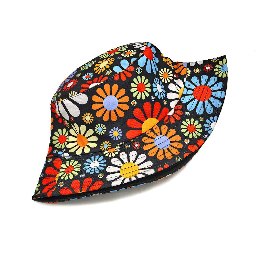 Colourful floral print polyester bucket hat with dome crown in medium size 56-58cm
