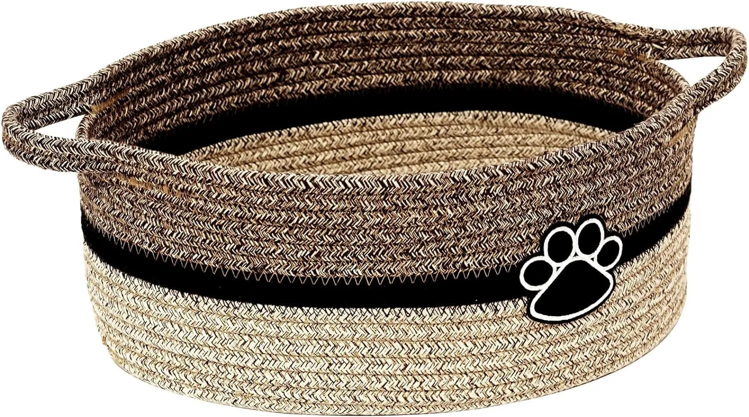 Small light beige handmade cotton rope storage basket with a wooden handle.