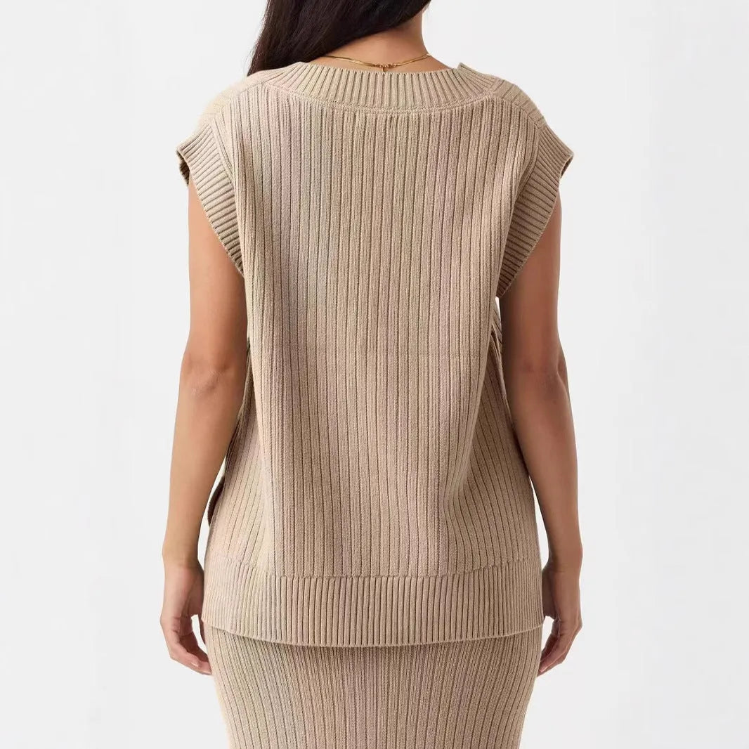 Camel and White women's sleeveless V-neck pullover vest in a loose, thin viscose fabric.