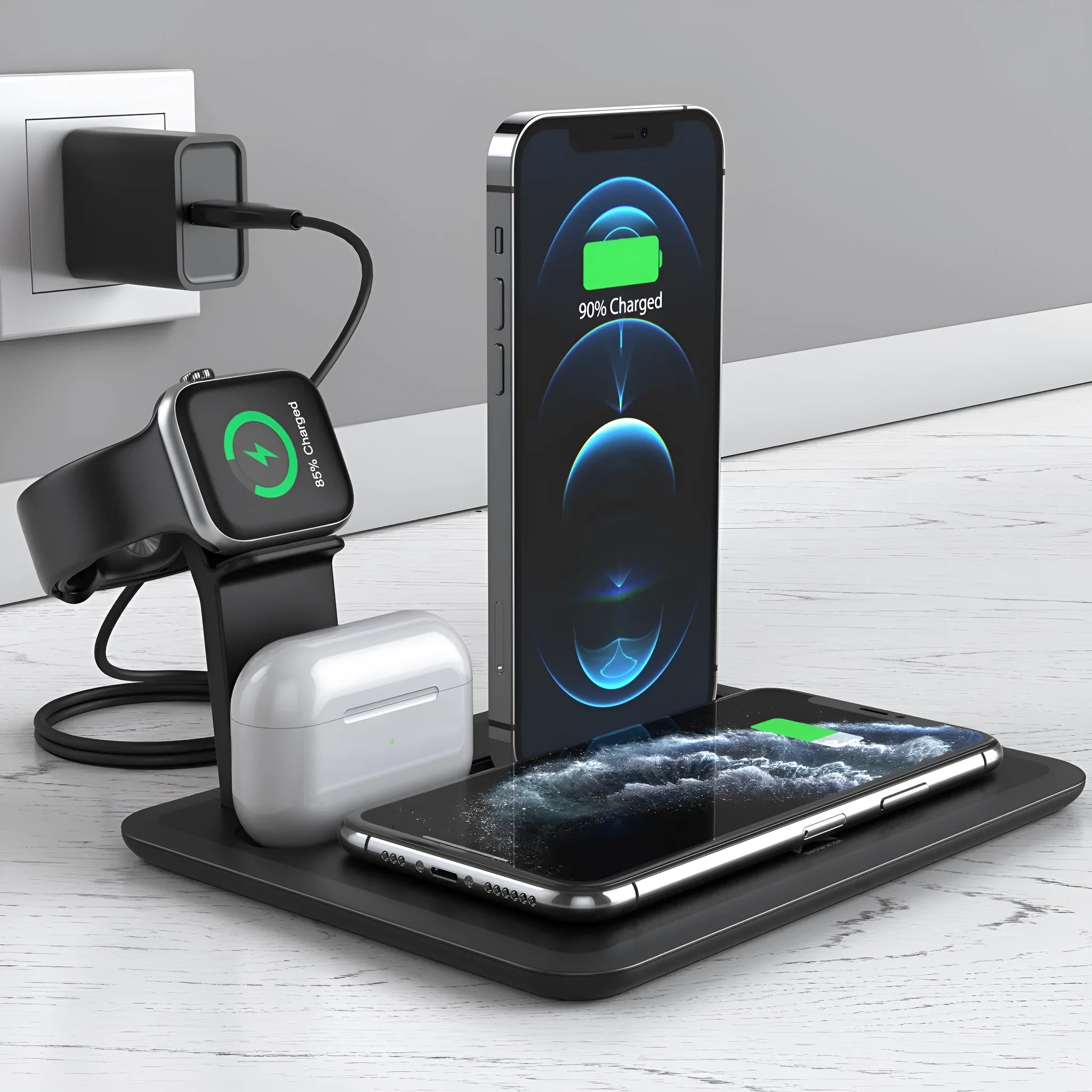 Wireless desktop charger with phone bracket showing watch and headphone charging ports in black finish