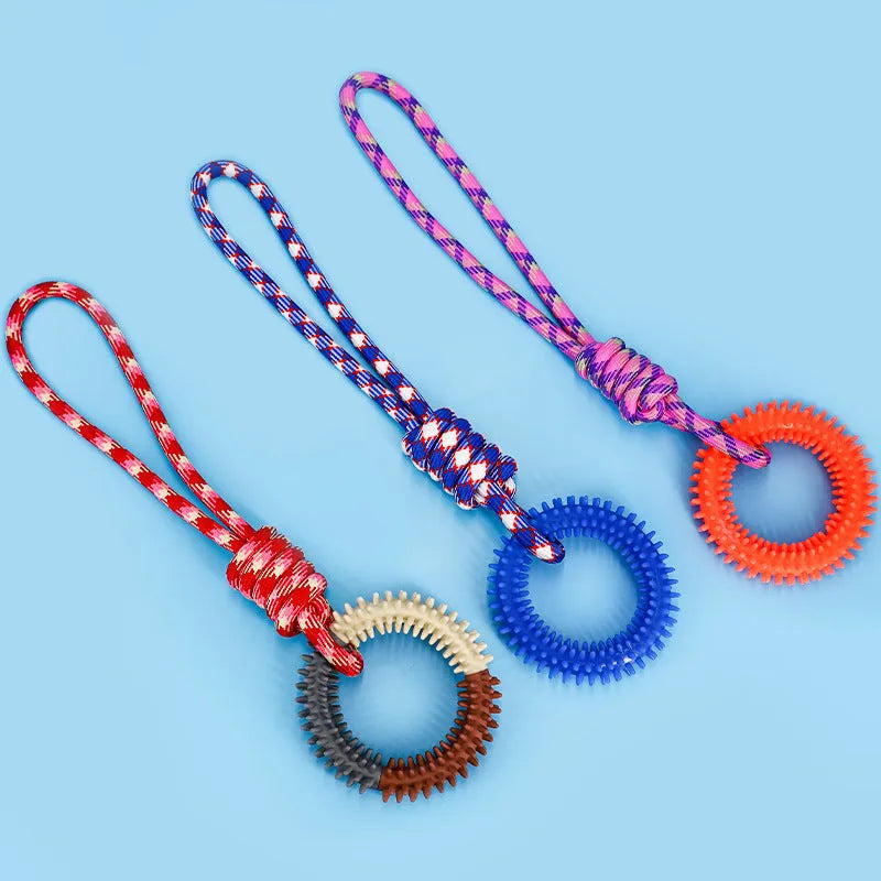 Blue braided rope dog toy with knots, showing length of 43cm