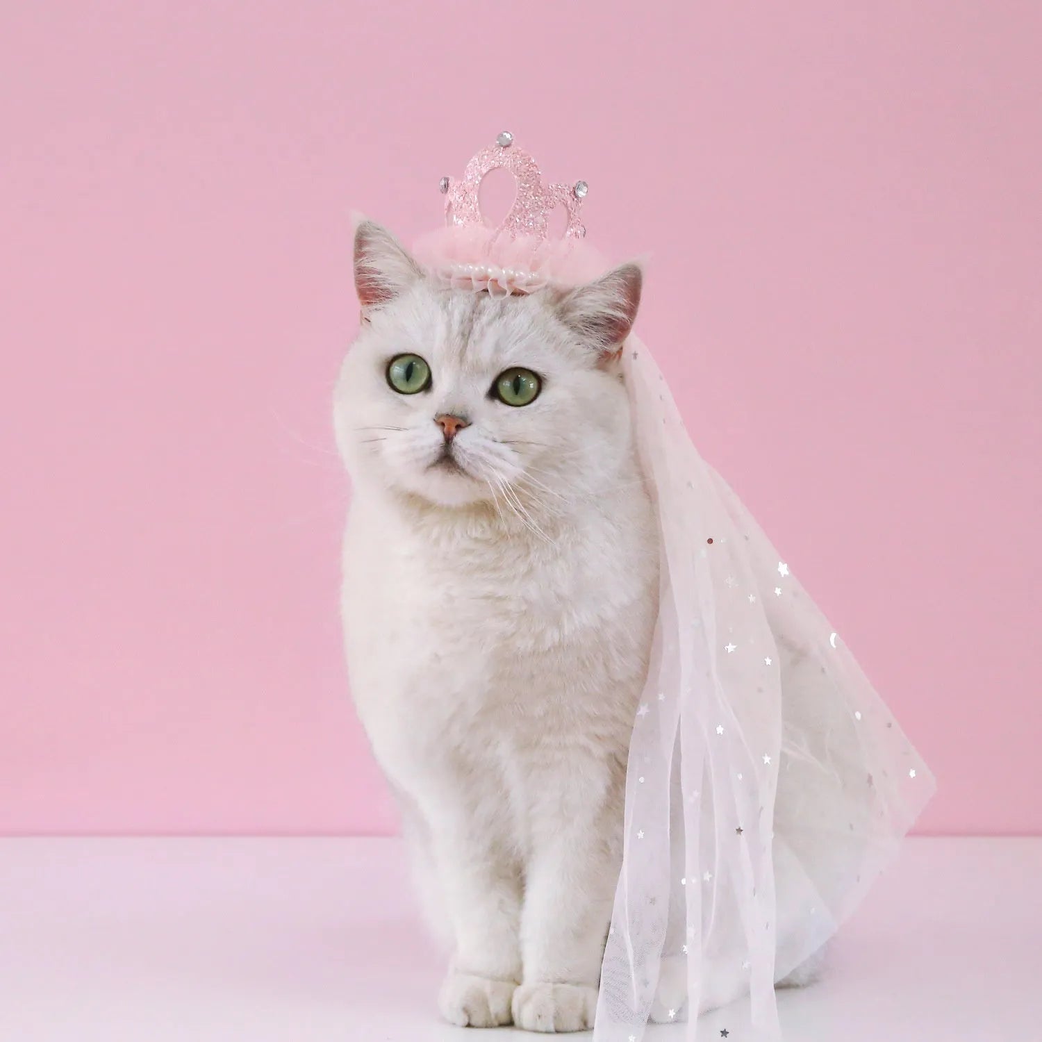 Beige or pink cotton polyester princess crown and veil headdress for cats and small dogs