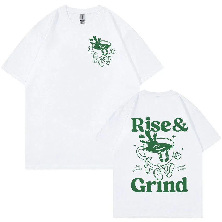 Loose fit linen T-shirt with green coffee bag cartoon print in multiple colour options