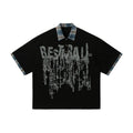 Men's blue graffiti print cotton top with asymmetric lapel design and loose fit