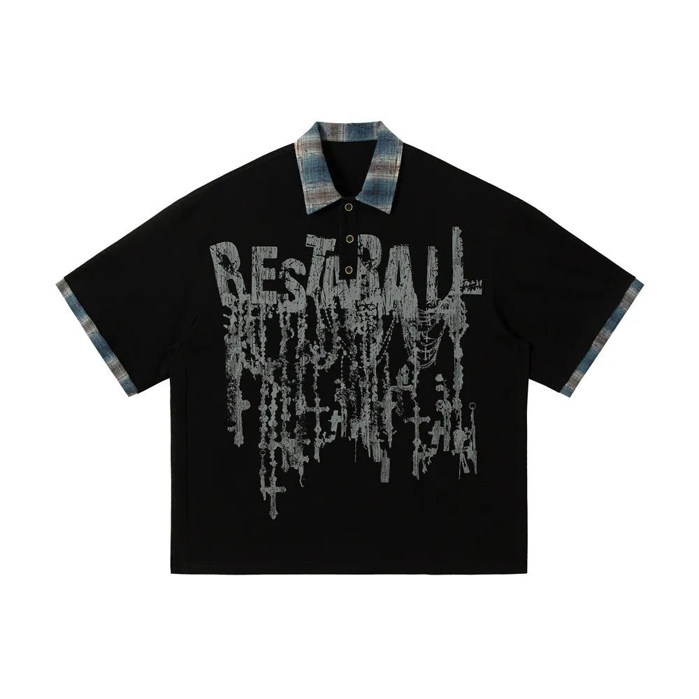 Men's blue graffiti print cotton top with asymmetric lapel design and loose fit