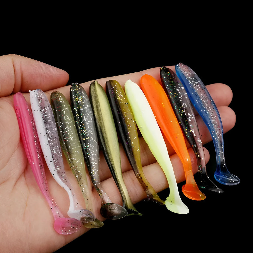 7 cm two-tone soft plastic fishing lure with T-tail design in multiple colour variations
