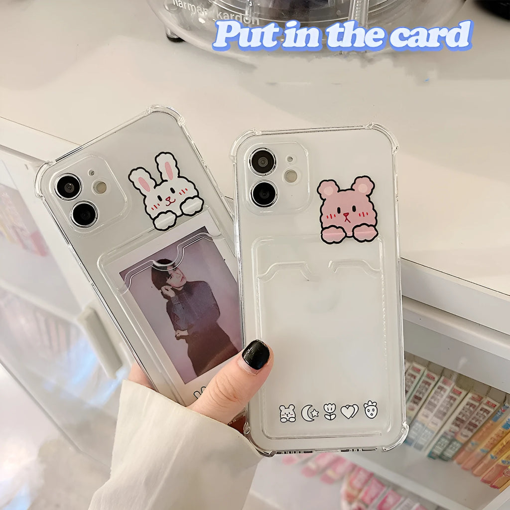 Transparent cartoon design TPU phone case with card holder for iPhone models